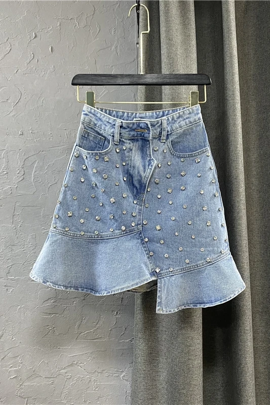 

Women's Jeans Skirt 2021 New Summer Slim Fit Ruffled A- Line Skirt Fashion Lady Diamond-Embedded Mid-Length Girls Denim Skirts