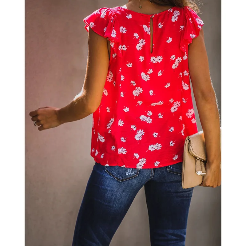 BAMBOOBOY Women's Summer Sweet O Neck Flower Print Frill Casual Top FC916