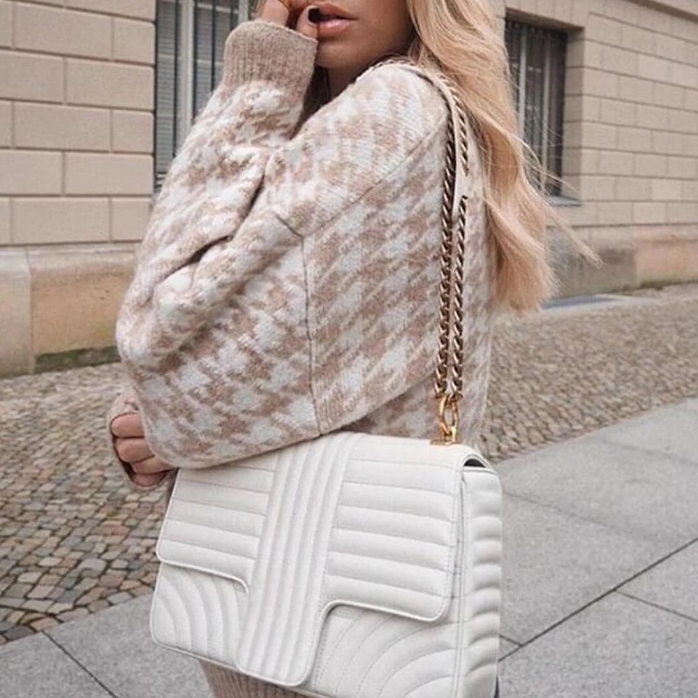 

Geometric Khaki Knitted Sweater Women Casual Houndstooth Pullover Sweater Female 2020 Autumn Winter Retro Jumpers Top Clothing