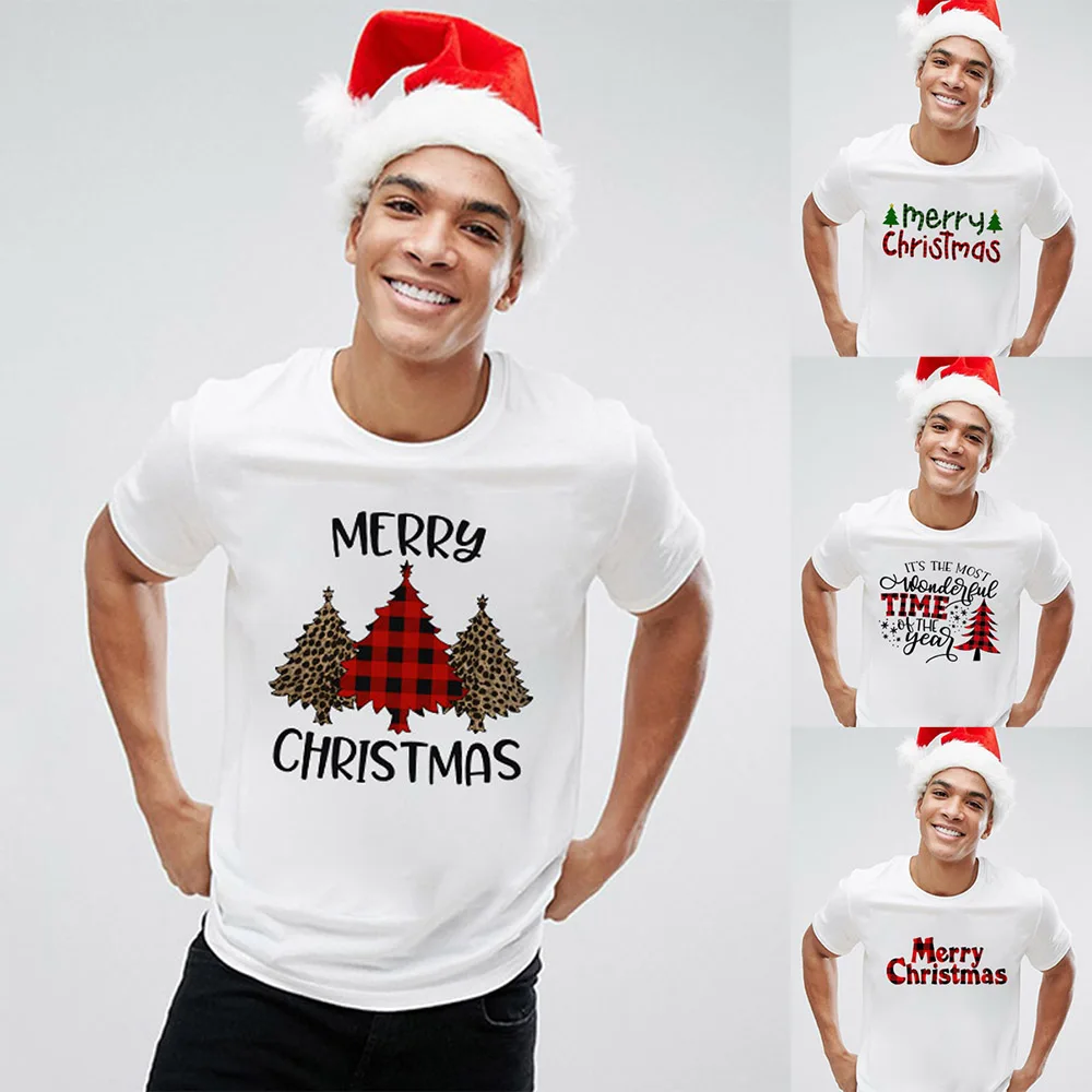 

Fashion Men's Merry Christmas White T-shirts Casual Plaid Xmas Tree Truck Tees Harajuku Clothes Short Sleeve Graphic T Shirts