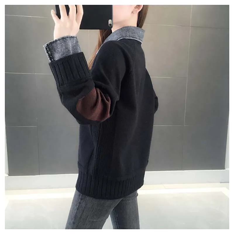 

2020 New Korean Version Of Fake Two-Piece Denim Collar Ladies Sweater Casual Wild Lazy Autumn Pullover Sweater Top Office Women