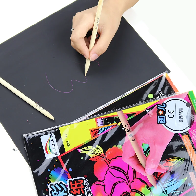 

Educational Magic Color Scratch Paper 4K/8K/16K/A4 Black Coated Painting Paper With Drawing Stick Kids Scraping Painting Doodle