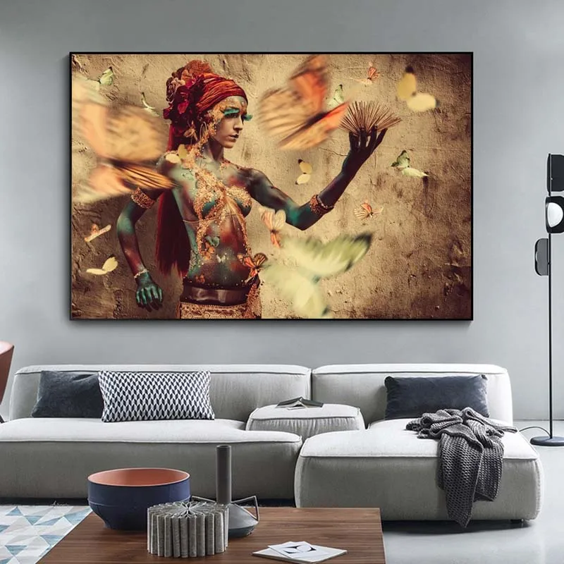 

African Woman with Butterfly Canvas Paintings on the Wall Art Posters And Prints Colorful Black Girl Art Picture Home Decoration