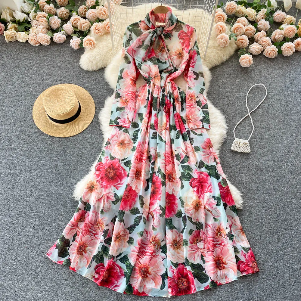 

D026 Women New Fashion Spring Autumn Round Neck Elegant Rose Print A-line Dress High Waist Bohemian Holiday Long Sleeve Vestidos