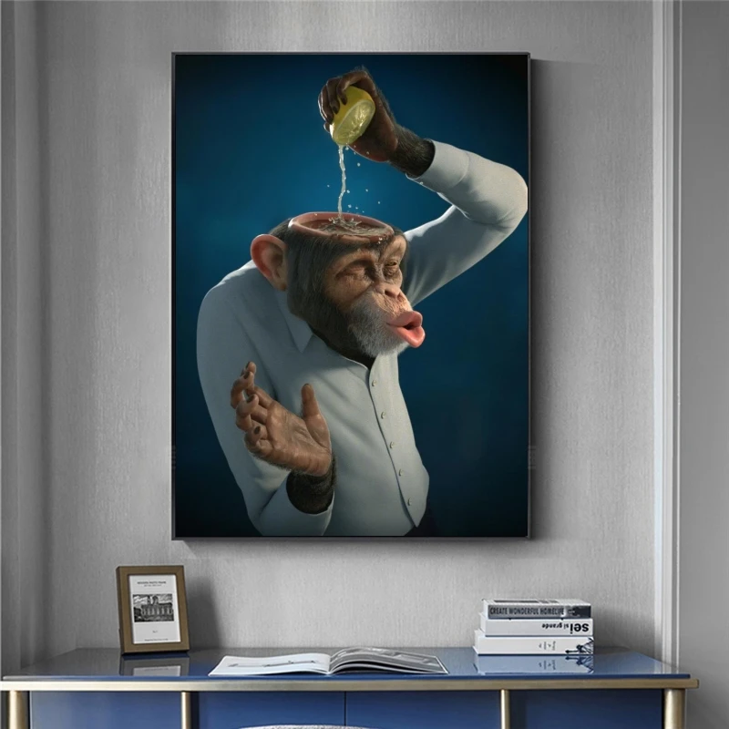 

Funny Monkey Canvas Paintings on The Wall Lemon Pouring Into Head Creative Wall Pictures Posters and Prints for Home Decoration