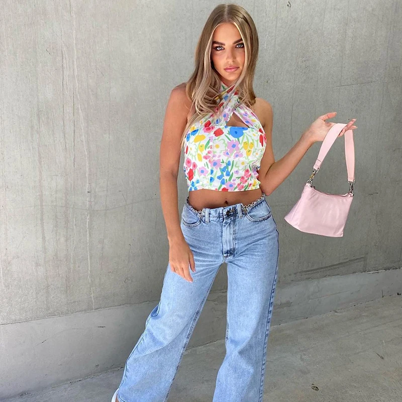 

Women Summer Sexy Bodycon Hollow Out Sleeveless Crop Top Female Halter All-Match Skinny Floral Print CamisoleCasual Cubwear