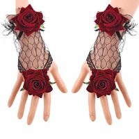 halloween party accessory wine red rose flower pattern gothic lace gloves sexy summer female half finger sunscreen women gloves