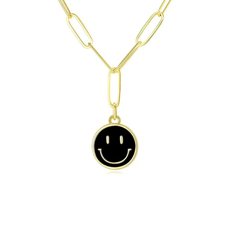 

Cute Smiley Face Necklace Simple Paperclip Chain Smiley Face Necklace Pendant for Women Girls Fashion Dripping Smiley Jewelry