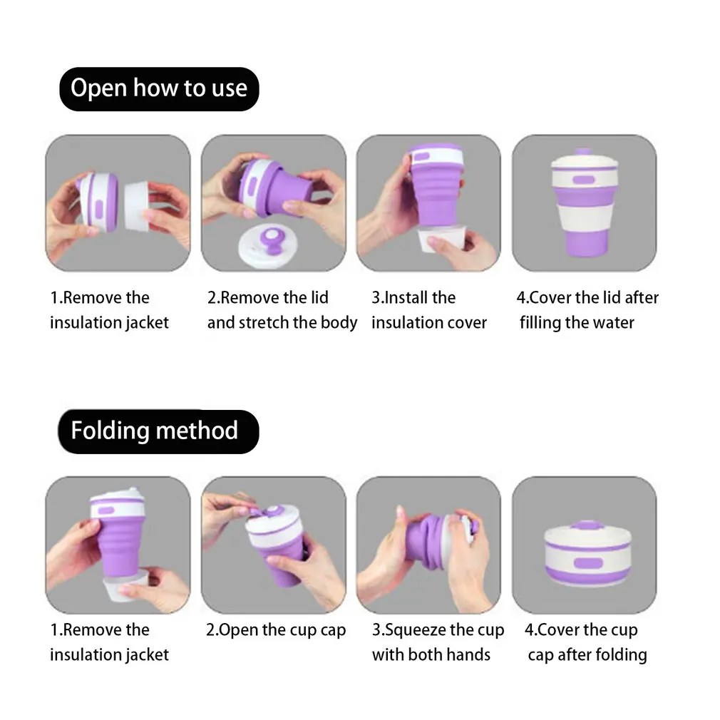 Портативная Складная силиконовая чашка с карабином телескопическая складная