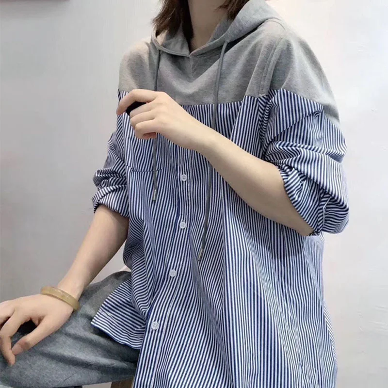 

Plus Size Spring Hooded Striped Stitching Female Style Loose Hoodies Women Office Drawstring Tops Sweatshirts