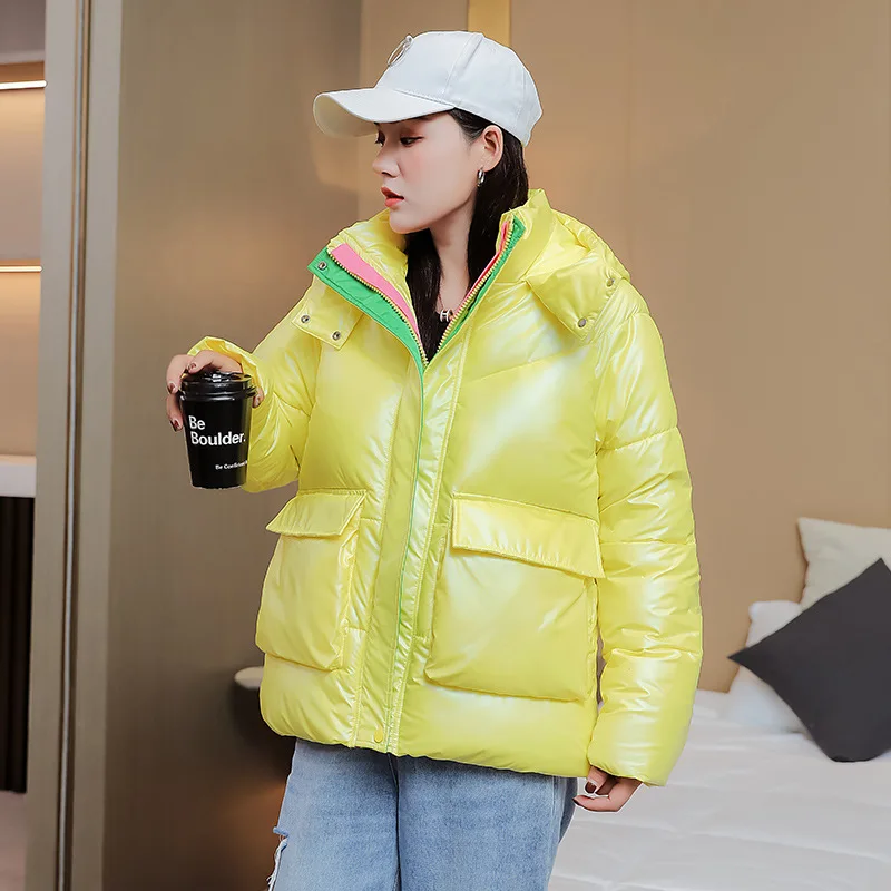 2021 New Short Winter Jacket Women Glossy Down Cotton Coat Fashion Color Contrast Loose Hooded Padded Women Winter Jacket Parkas