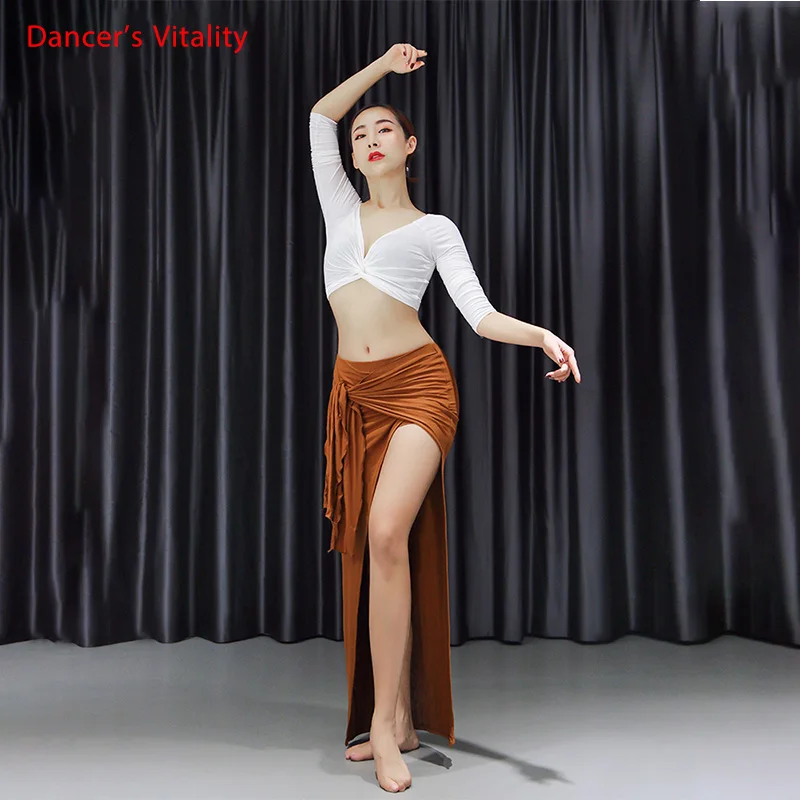 

New Women Sexy And Elegance Belly Dance Practice Suit 2 Piece Set Modal Belly Dance Split Long Skirt Long Sleeve Blouse White