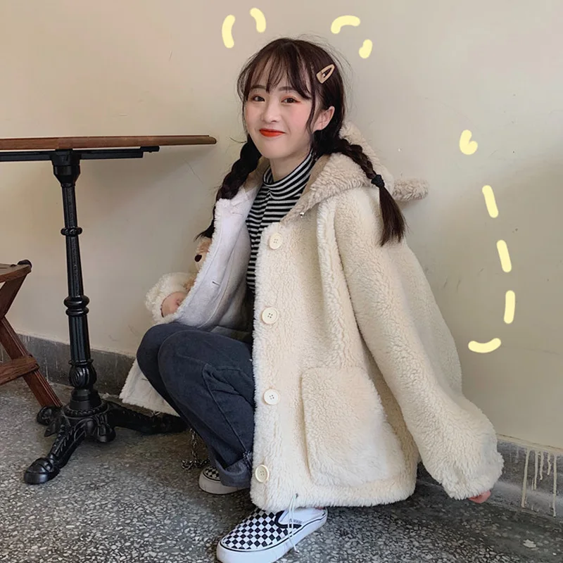 Vintage Winter Sweet Girl Cartoon Bear Ear Hooded Pocket Kawaii Coat Women Single-Breasted Keep Warm Thicken Lambswool Outerweat