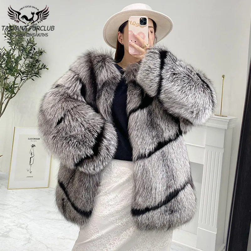 

2021 Fashion Winter Real Silver Fox Fur Coats Women 70cm Long Whole Skin Natural Fox Fur Coat Female Luxury Overcoats Trendy