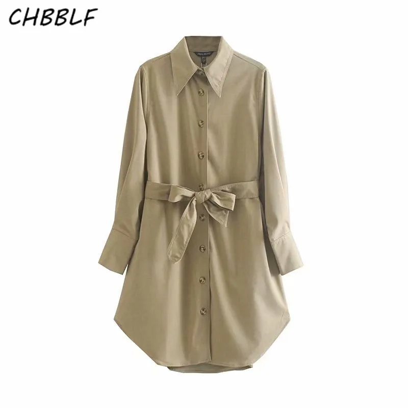 CHBBLF женское платье цвета хаки длиной до колена с поясом-бантом и карманами