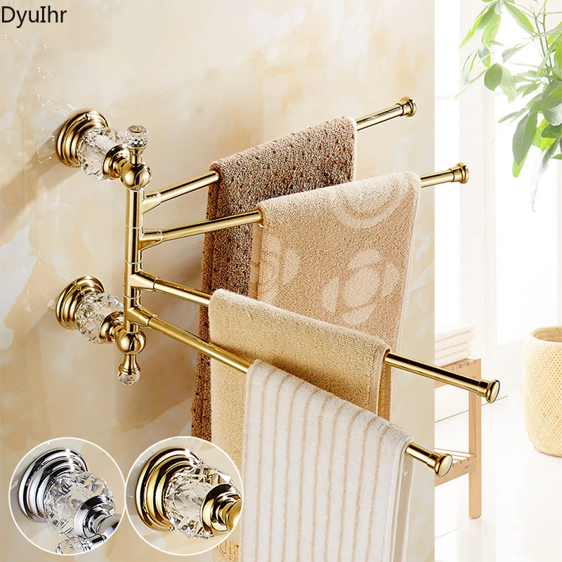 

European Gold Crystal Rotating Towel Rack Bathroom Movable Towel Bar Swivel Towel Rail Multi-rod Activity Towel Holder Polished