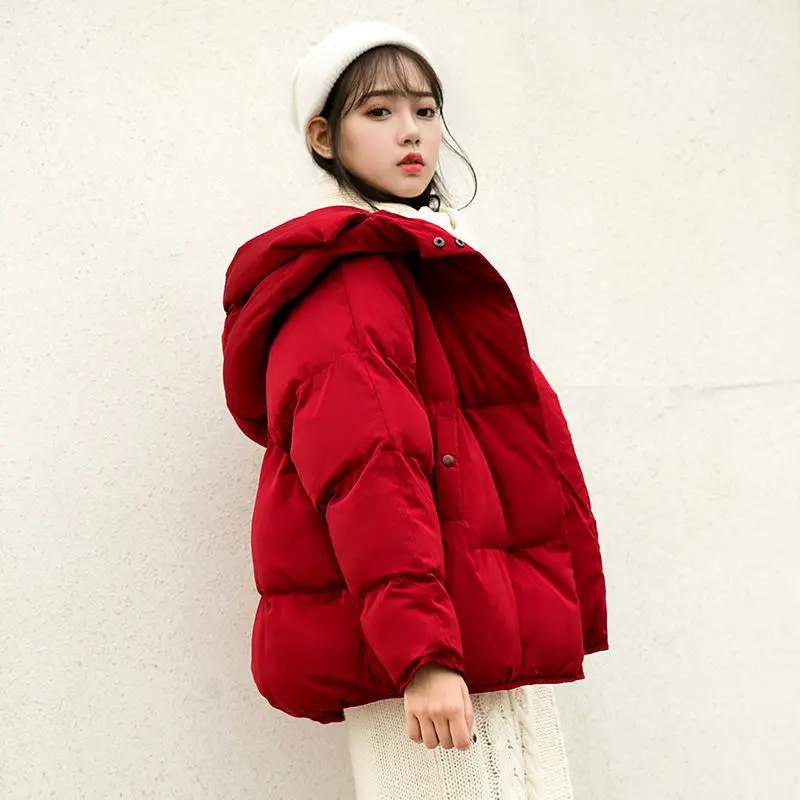 

Winter's Women Red Hoodie Loosen Bread Jackets Cotton Padded Coats Thickened Button Zipper Outwears Windproof Warm Fashion Parka