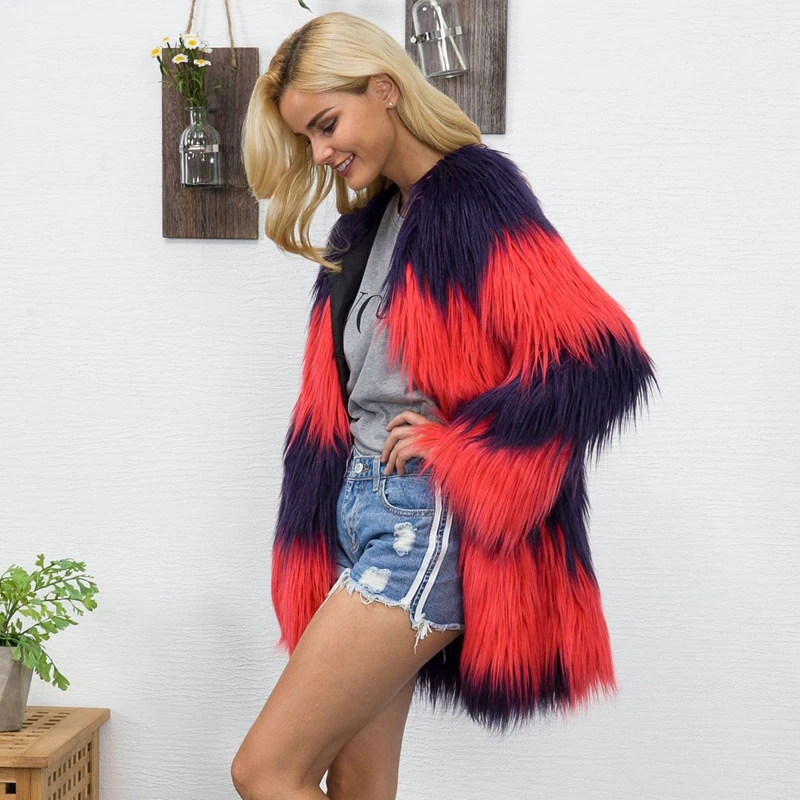 

2020 autumn and winter new fashion v-neck contrast faux fur coat mid-length loose ladies coat popular in Europe and America