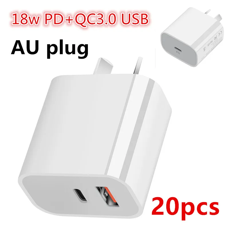 

20pcs 18W PD QC3.0 Fast Charging AU plug Charger for iPhone iPad Pro USB Type C Travel Power Adapter Australia New Zealand