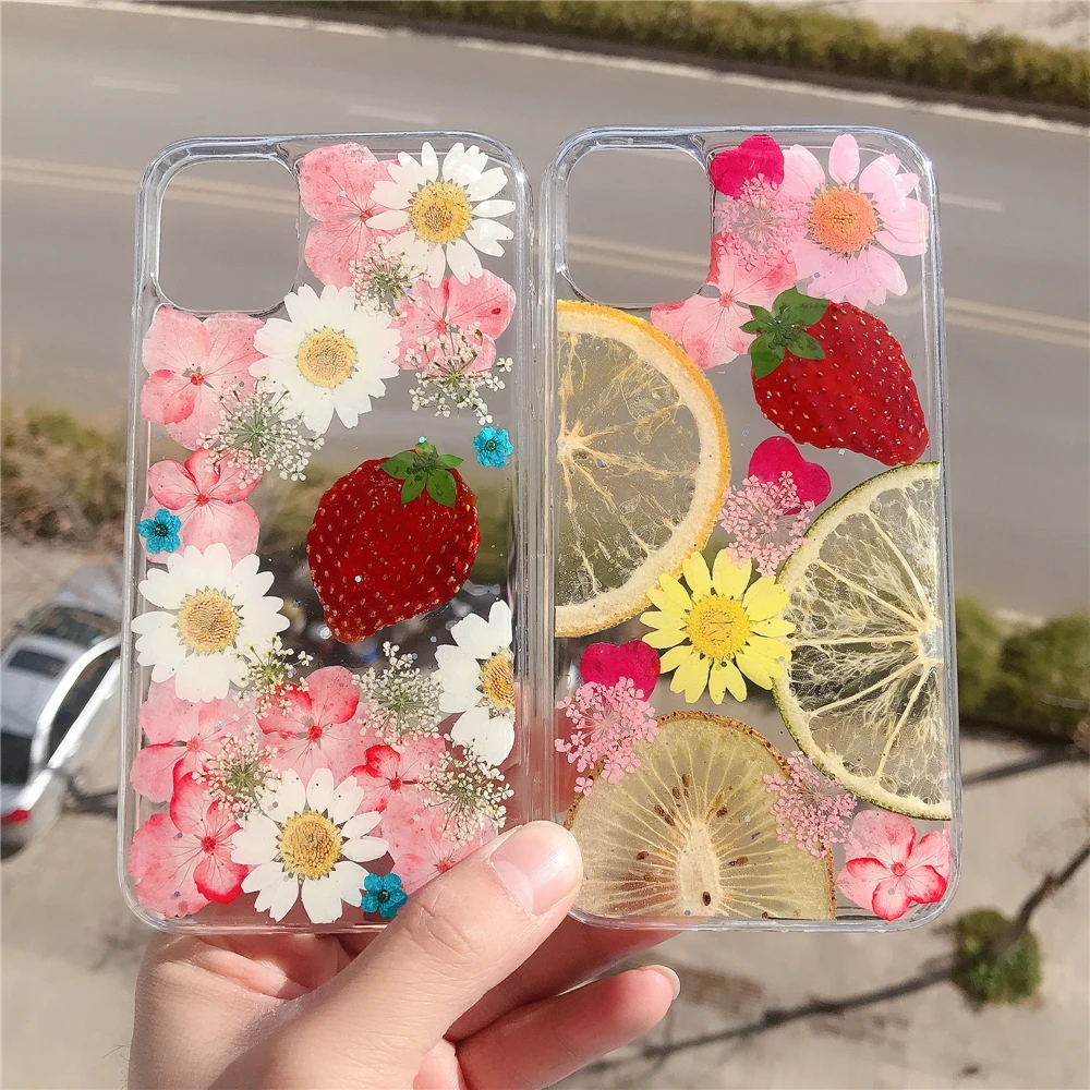 

Ударопрочный защитный чехол с настоящей клубникой для iPhone11 12 13Pro Max X 8 Plus, симпатичный чехол-накладка для телефона с фруктами и цветами для де...