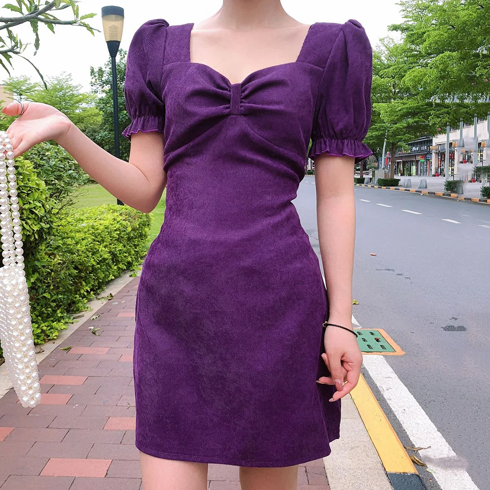 Женское винтажное мини-платье во французском стиле фиолетовое приталенное