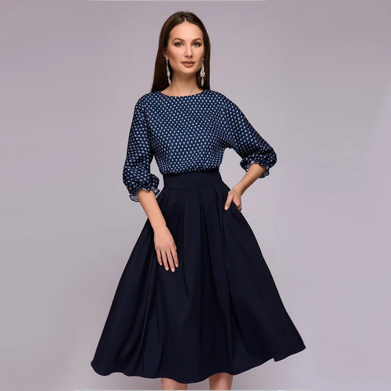 

Autumn Summer Vintage Print Womens Dress Elegant O Neck Lantern Sleeve Patchwork Knee-Length 2019 Fashion Party Dresses Vestidos
