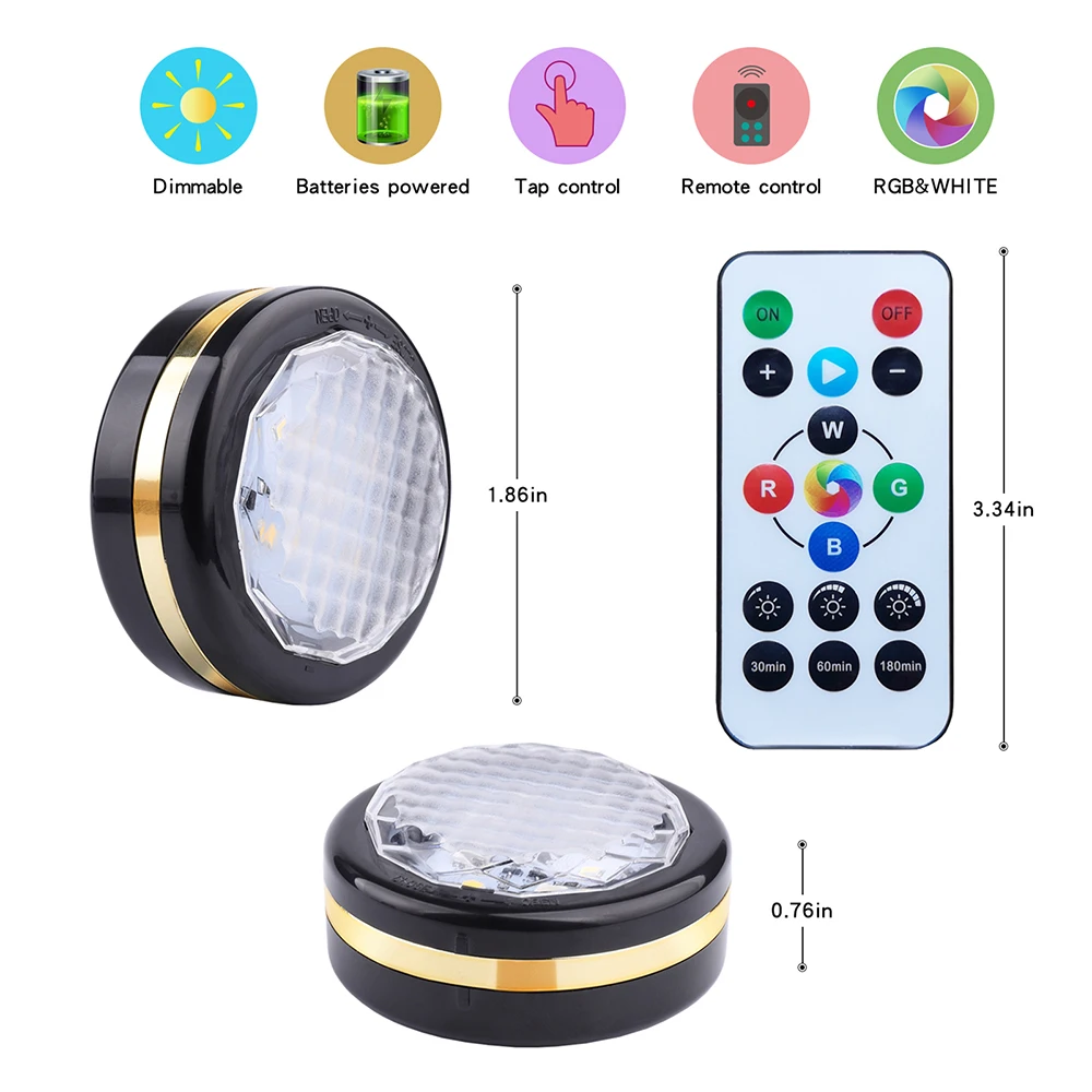 

Dimmable Batterys Operated Under Cabinet Lights LEDs Puck Light with Remote for Kitchen RGBW Closet Light Under Counter Lighting