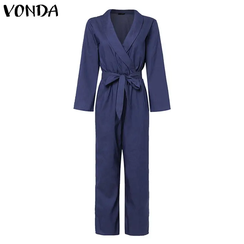 Dark Blue Женские комбинезоны VONDA, комбинезоны с глубоким v-образным вырезом, летние панталоны, женские комбинезоны с коротким рукавом, джинсовые, Macacao Feminino размера плюс - Цвет: Dark Blue
