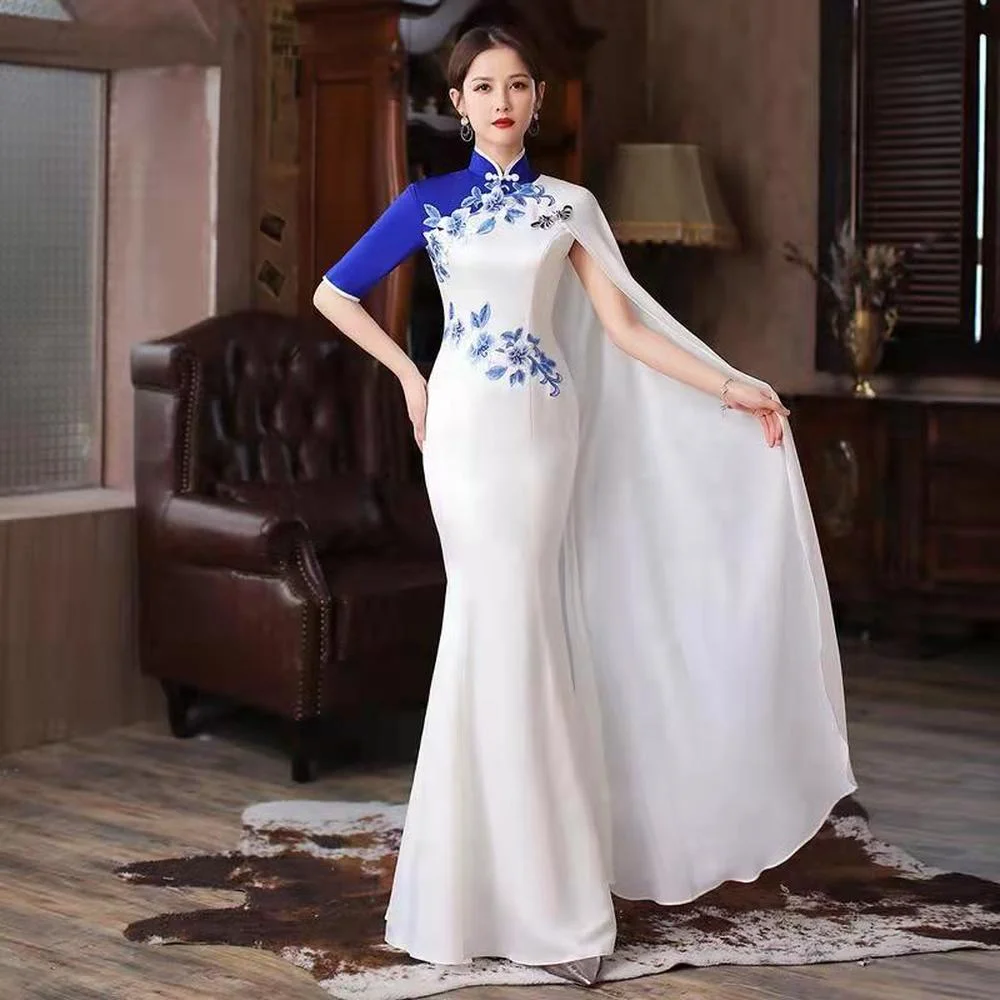

Women Embroidery Flower Satin Cheongsam Chinese Bride Wedding Dress Long Sleeve Evening Qipao Blue Party Dress Gown for Ladies