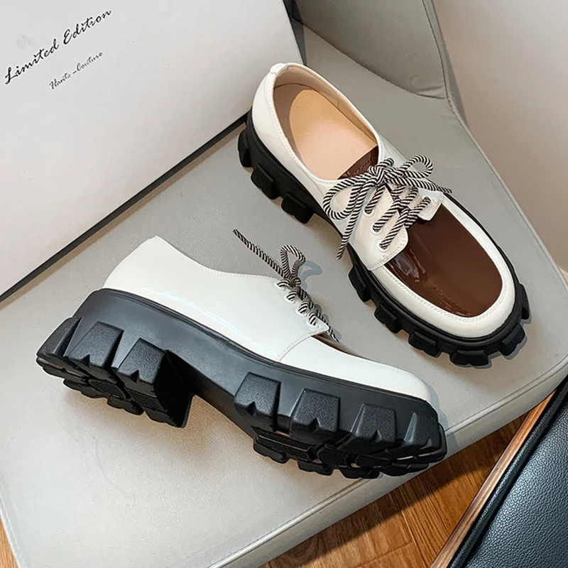 

NEW Spring Winter Mix Color Shoes for Women Chunky Platform Lace-up Creepers Punk Gothic Oxfords Brown Green Cow Patent Leather