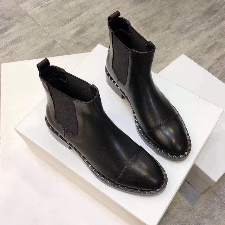 Популярные ботинки женские кожаные ботильоны Zapatos De Mujer с заклепками эластичные