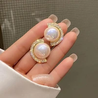 2021 new korean earrings for women fashion gold color round pearl cute bling zircon stone stud earrings wedding bride jewelry