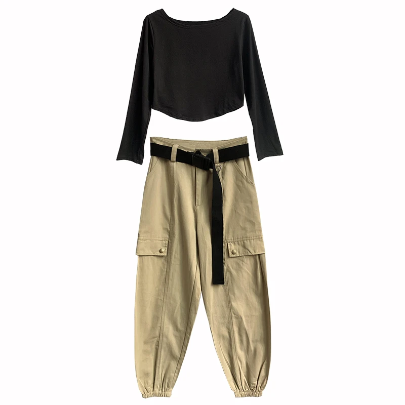 

T-shirt and Ankle Length Pants Streetwear 2 Piece Women's Sets Slash Neck Short Tops High Street Cool Girl Black Pants