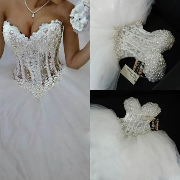 

Bling Sweetheart Wedding Dresses Corset Bodice Sheer Bridal Ball Crystal Pearls Beads Rhinestones Tulle Wedding Bridal Gown