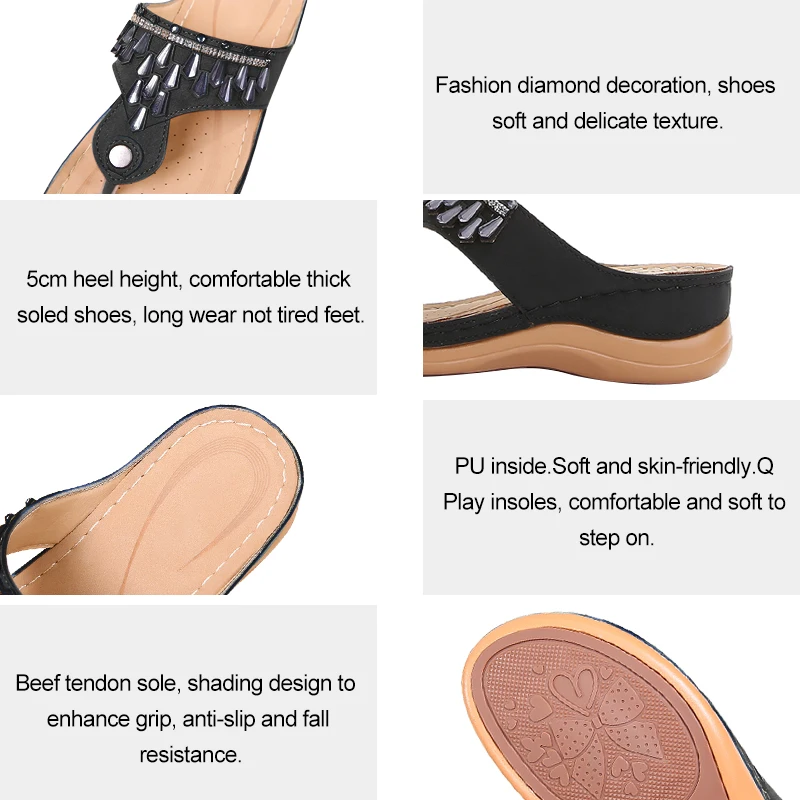 

Summer Women Sandals Slippers Diamond Flip Flops Flat Women Shoes Heels Leisure Outdoor Slippers Beach Flats Slides Sandales