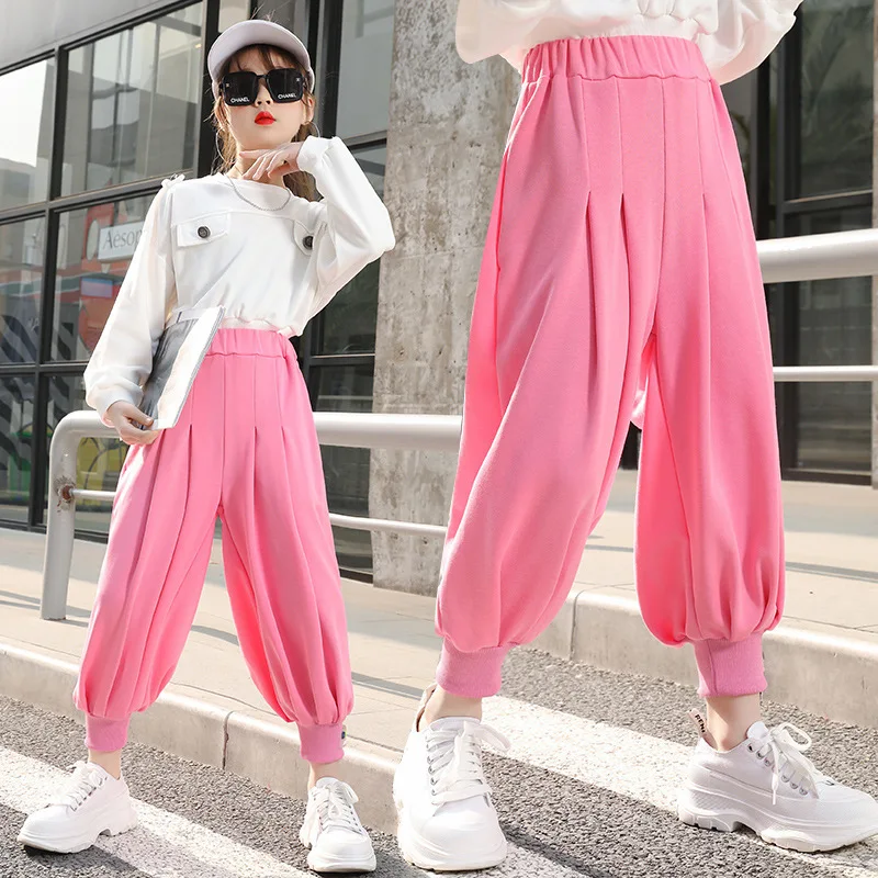 

Girls Mid-waist Sports Trousers Solid Children Casual Pants 2021 Spring New Teen Loose Wide Leg Pants Bloomers Kids Long Pants