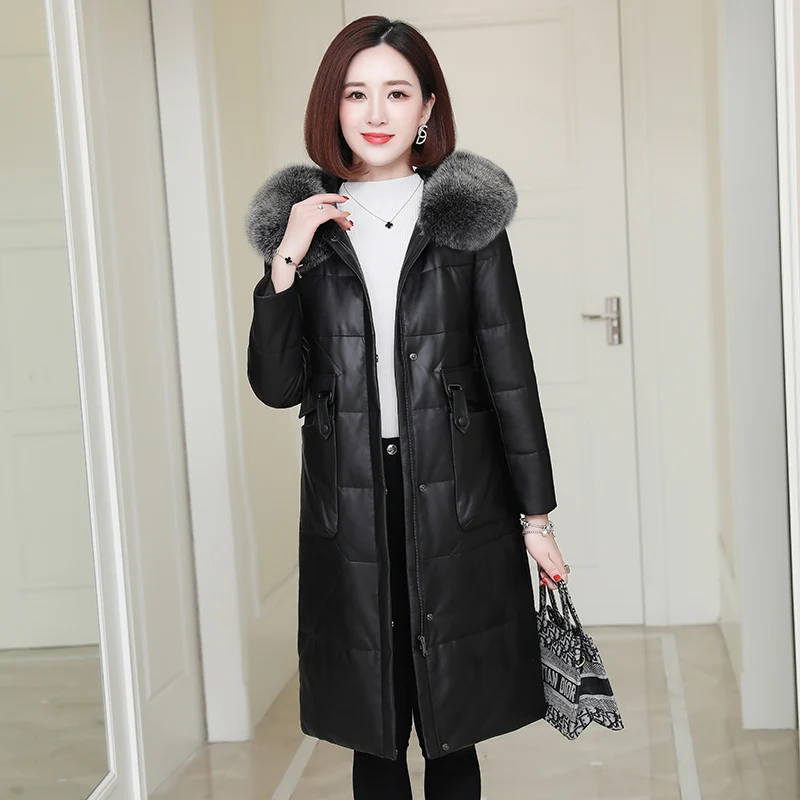 

Новинка, кожаный пуховик, женское меховое пальто средней и длинной длины из овечьей шерсти, меховое пальто с капюшоном и воротником из лисье...