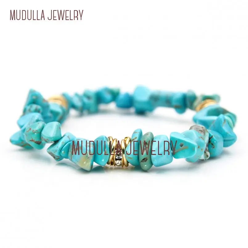 

Stretchy Turquoises Blue Or Pink Chips Beads Stone Bracelet Gold With Spacers BM24036