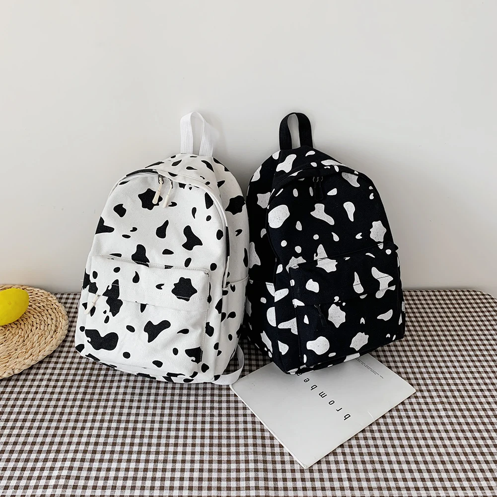 

Fashion Cow Milk Print Canvas Backpack Women Students Teenage Girls Casual Large Capacity cute backpack