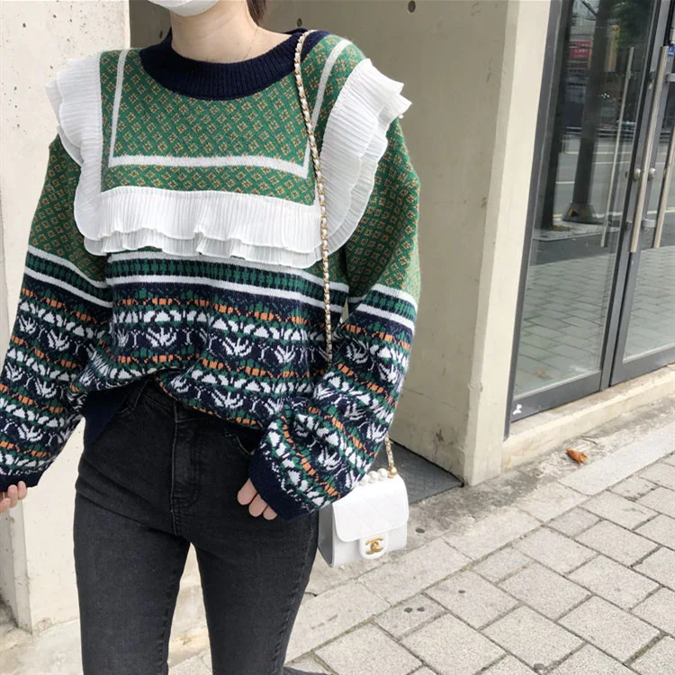 

Женский пуловер, свитер в стиле ретро, японская верхняя одежда, новый уникальный дизайн, Элегантный Приталенный топ с рюшами