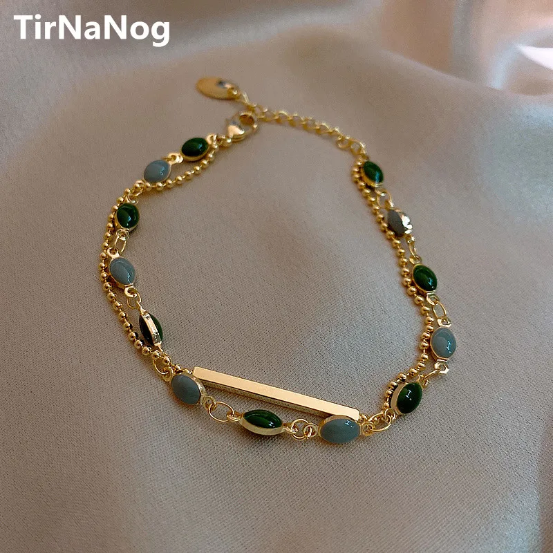 

Han Edition Blue Green Charm Bracelet For Women Gold Beaded Chain Double Layered Adjustable Bracelet Accessories