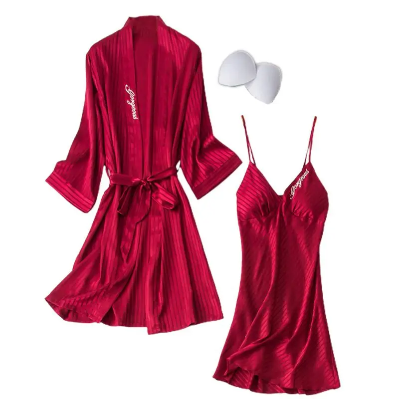 

Women Sexy Silky 2 Piece Sleepwear V-Neck Chest Pads Camisole Nightdress with Kimono Robe Letters Embroidery Nightgown