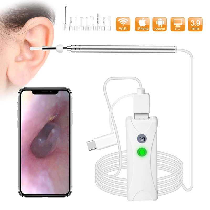 

3.9MM WIFI Otoscope Ear Cleaner 2.0MPHD Digital Ear Camera 3 in1 USB Borescope Inspection With 6 LEDs Earwax Removal Tool Cam