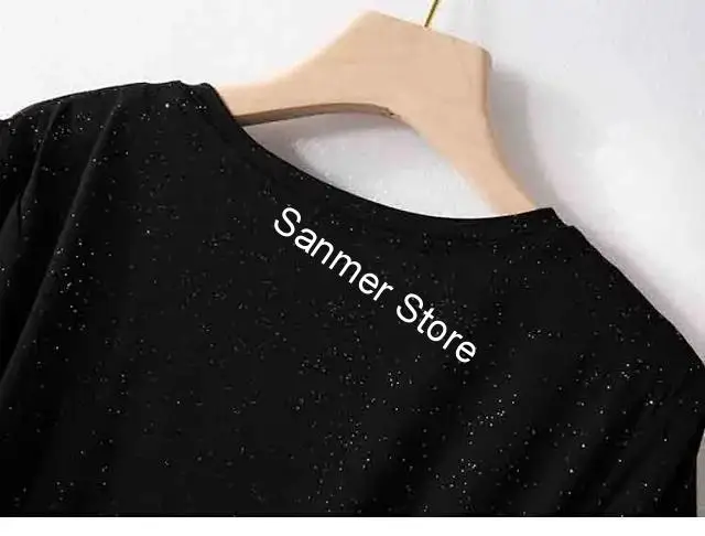

Women Shiny Hot Rhinestone Lightning T-shirt Black Color V-neck Wild Short-sleeved Spring Summer Top