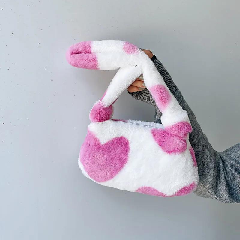 

Pink Heart Pattern Women Shoulder Bag Soft Fluffy Plush Tote Bag Casual Flower Printed Ladies Handbag Winter New Arrivals