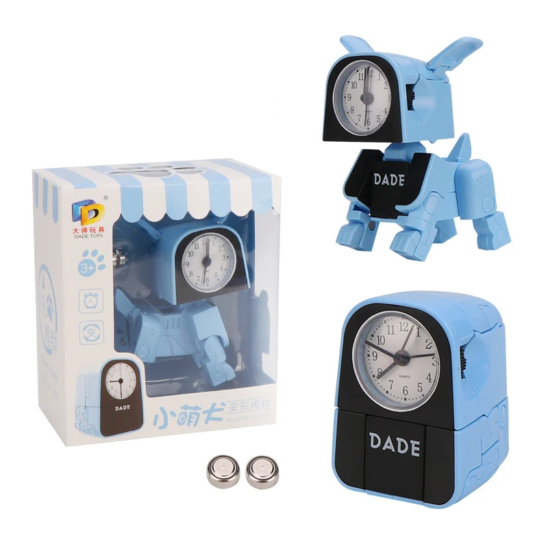 blue-withbox Детские милые деформационные часы-будильник с изображением собаки, мультяшный робот-будильник, детские цифровые настольные часы, забавные игрушки, подарок на день рождения, Рождество - Цвет: blue-withbox