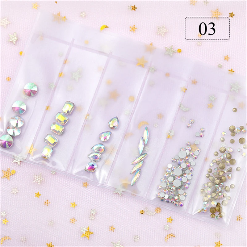 6 Grid/Pack Diamond Shape Multi-color Rhinestones Nail Art Decorations Mix Sizes 3D Crystal Gems DIY Manicure Accessories