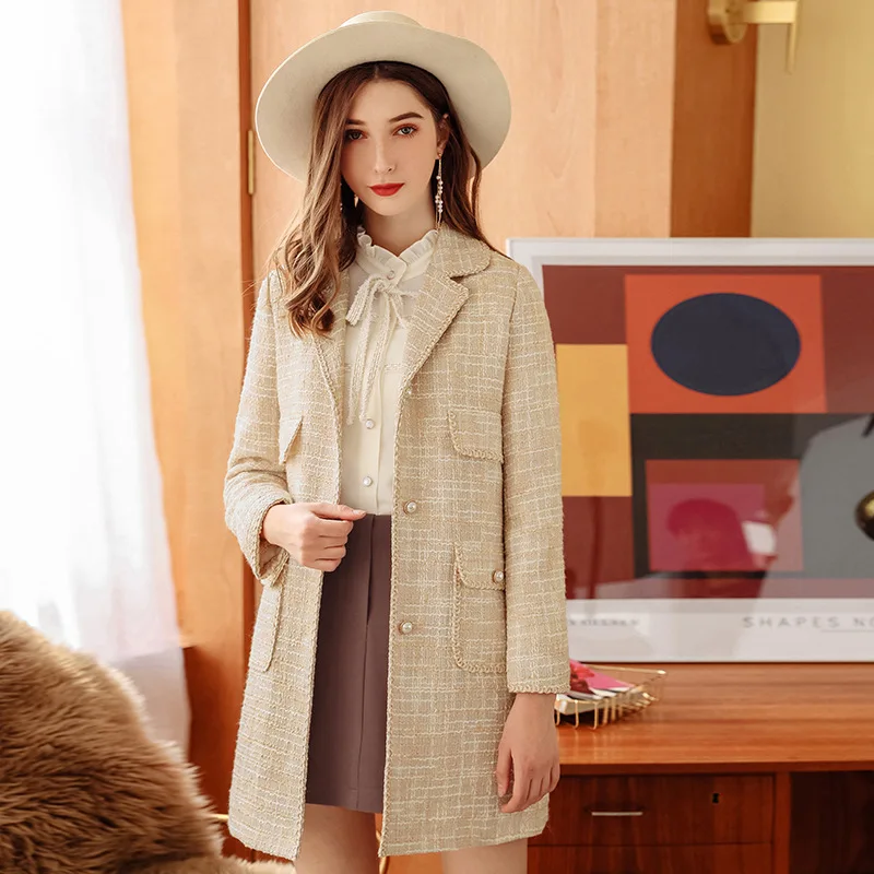 

Winter Coat Women Autumn Winter Warm Cotton liner Blend Coats Lady Elegant Plaid Overcoat Outwear manteau femme L525