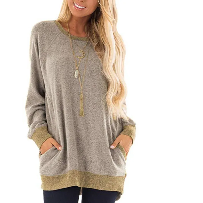 

2019 Round Neck Solid Color Pocket Harajuku Hoodie Long Sleeve Pullover Shirt Leisure Korean Style Women Sweatshirt Ey*