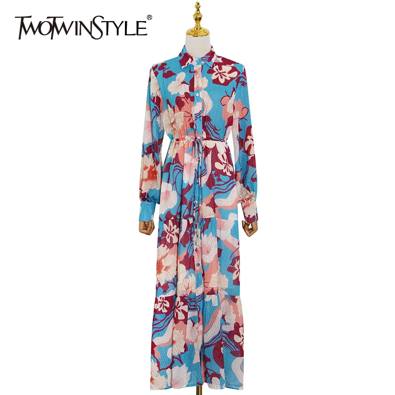 

TWOTWINSTYLE Vintage Hit Color Dress For Women Lapel Lantern Long Sleeve High Waist Lace Up Slim Midi Dresses Female 2021 Spring
